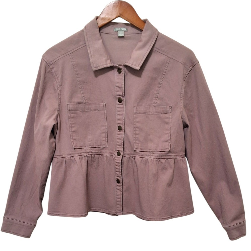 Falls Creek Womens M Dusty Mauve Peplum Button Utility Jacket Cotton Stretch